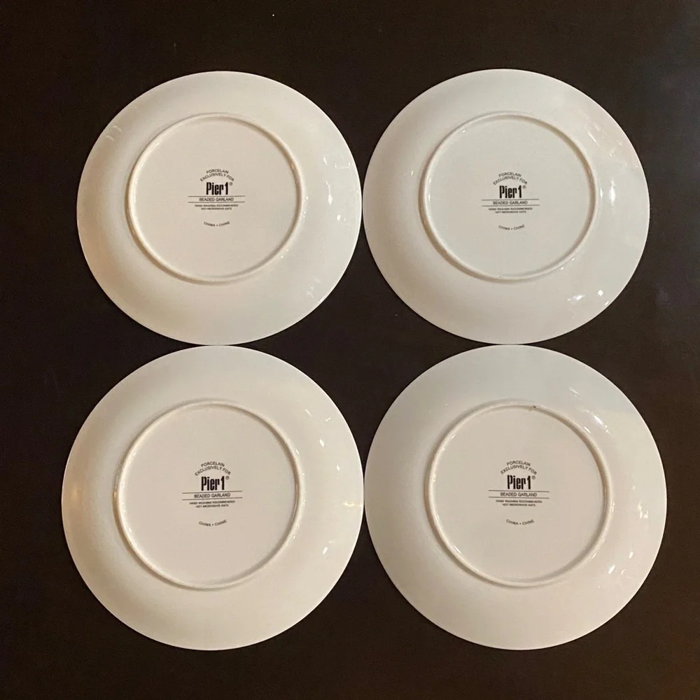 Pier 1 White Salad Plates with Blue &Green Accents. Beaded Garland. Set of 4.